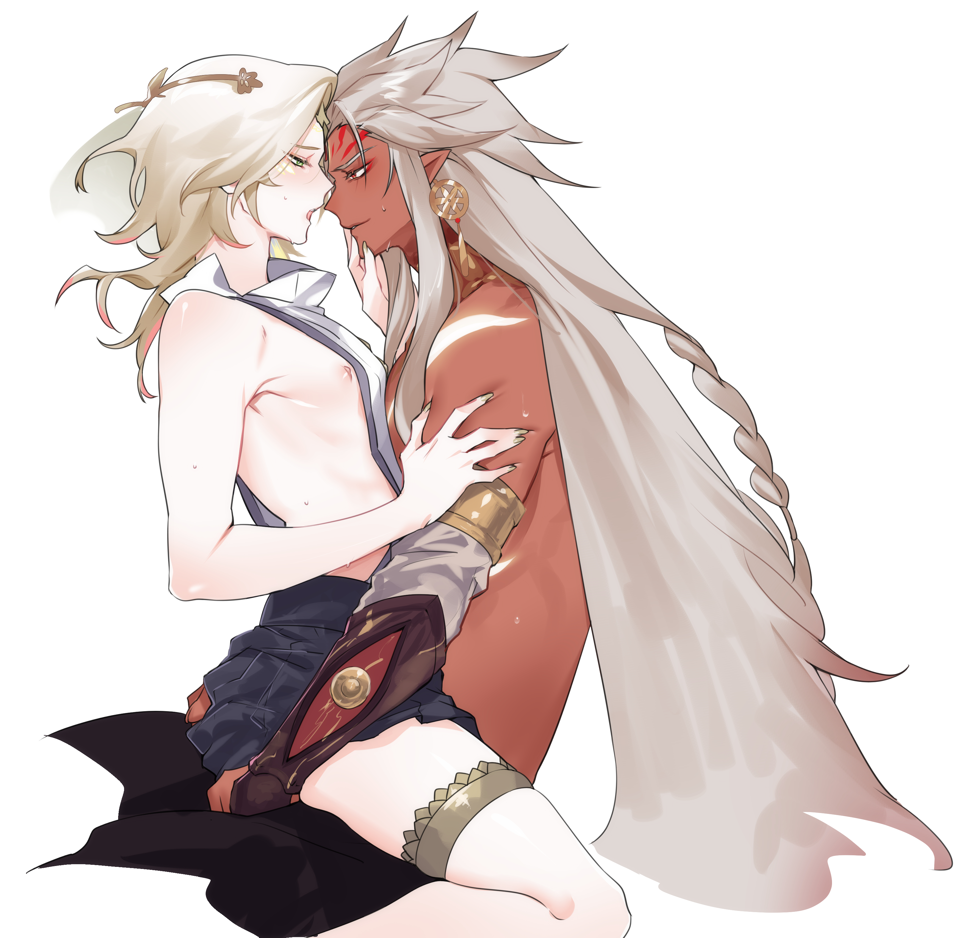 konsai 2, asura (onmyoji), taishakuten (onmyoji), onmyoji, absurdres, commentary request, highres, 2boys, alternate costume, alternate hair length, alternate hairstyle, blonde hair, dark-skinned male, dark skin, earrings, eyeliner, from side, green eyes, height difference, interracial, jewelry, looking at another, makeup, multiple boys, nail polish, nipples, open mouth, red eyeliner, red eyes, simple background, straddling, thigh strap, thighs, upright straddle, white background, white hair, yaoi, yellow nails