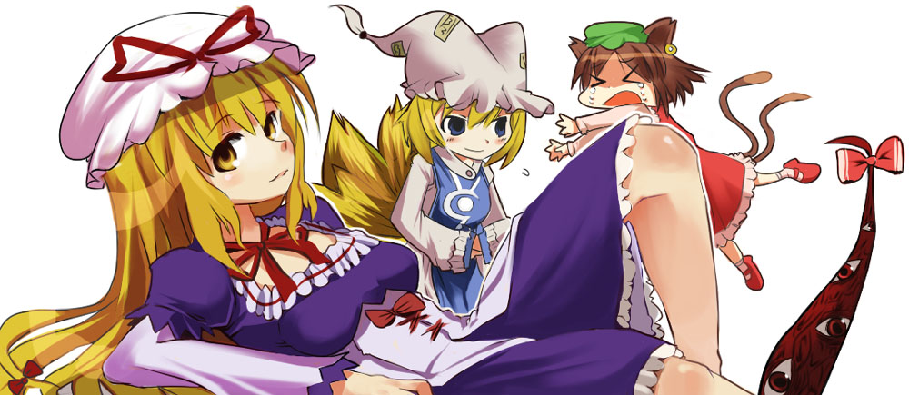 sasago kaze, chen, yakumo ran, yakumo yukari, touhou, > <, 3girls, animal ears, blonde hair, blue eyes, brown hair, cat ears, cat girl, cat tail, closed eyes, earrings, female focus, fox tail, gap (touhou), hair ribbon, hat, jewelry, long hair, multiple girls, multiple tails, ribbon, short hair, tail, tears, yellow eyes