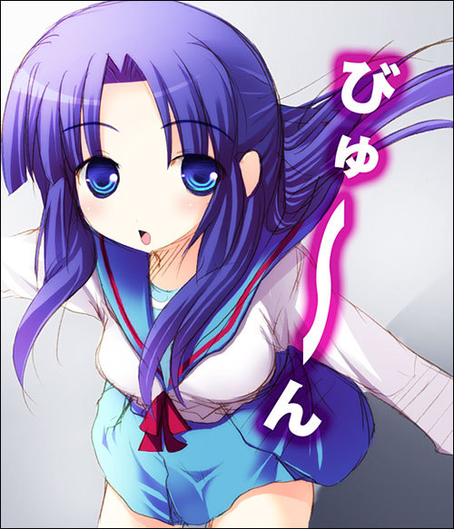 asakura ryoko, suzumiya haruhi no yuuutsu, 00s, 1girl, :o, blue eyes, blue hair, blue skirt, blush, cowboy shot, female focus, floating hair, from above, long hair, long sleeves, looking up, matching hair/eyes, open mouth, sailor collar, school uniform, serafuku, shirt, skirt, solo, very long hair, walking, white shirt