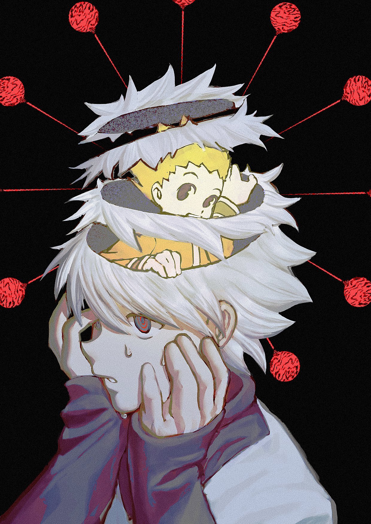 gon freecss, killua zoldyck, hunter x hunter, highres, 2boys, @ @, alternate size, black background, black shirt, hand on own face, hands up, hole in head, layered sleeves, long sleeves, mini person, miniboy, multiple boys, needle, ricefield, shirt, short hair, short over long sleeves, short sleeves, solid circle pupils, spiked hair, sweat, upper body, white hair, white shirt
