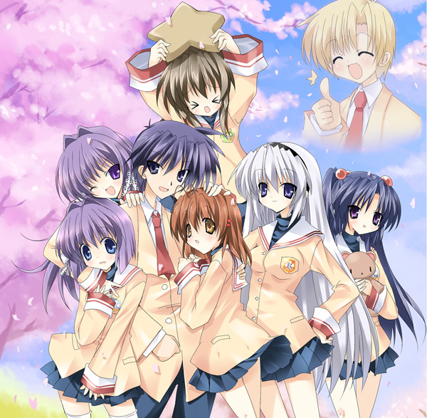 paco, fujibayashi kyou, fujibayashi ryou, furukawa nagisa, ibuki fuuko, ichinose kotomi, okazaki tomoya, sakagami tomoyo, sunohara youhei, clannad, > <, 00s, 2boys, 6+girls, bare legs, closed eyes, death, everyone, hair intakes, happy, harem, long hair, multiple boys, multiple girls, school uniform, serafuku, siblings, sisters, skirt, star (symbol), twins, very long hair, wink