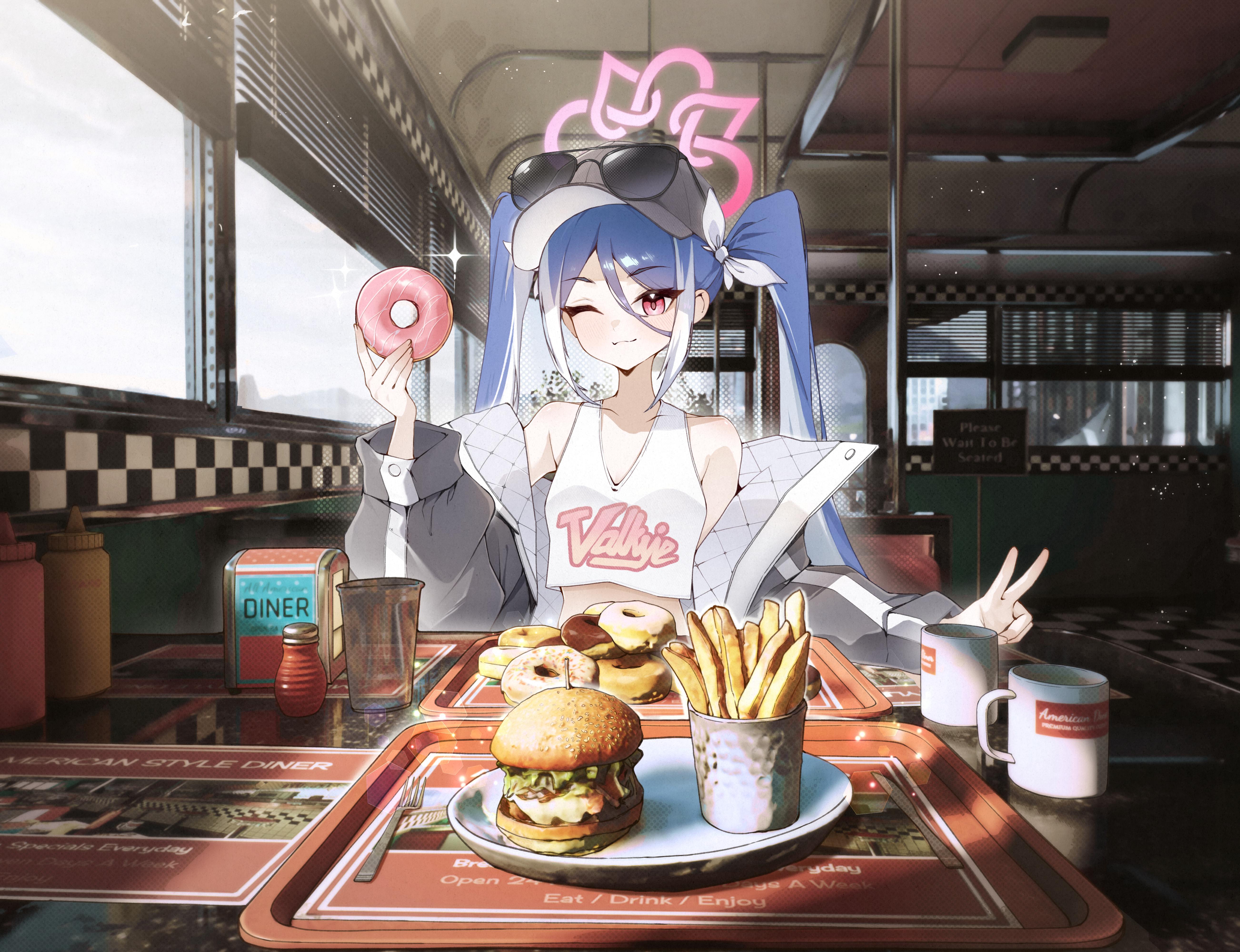 micasa tto, fubuki (blue archive), blue archive, absurdres, commentary request, highres, mixed-language commentary, 1girl, baseball cap, blue eyes, blush, burger, closed mouth, clothes writing, crop top, cup, diner, donut, eyewear on headwear, fang, food, french fries, grey hat, grey jacket, hat, holding, holding donut, holding food, indoors, jacket, ketchup bottle, mustard bottle, off shoulder, one eye closed, open clothes, open jacket, pink eyes, plate, salt shaker, skin fang, smile, solo, sunglasses, tank top, tray, twintails, v, white tank top