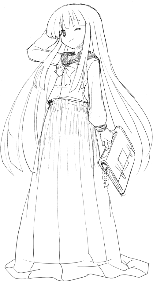 michii yuuki, houraisan kaguya, touhou, 1girl, alternate costume, female focus, full body, greyscale, monochrome, school uniform, serafuku, skirt, solo, white background