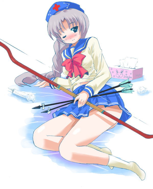 michii yuuki, yagokoro eirin, touhou, silver hair, 1girl, alternate costume, arrow (projectile), blush, bow, bow (weapon), braid, female focus, hat, long hair, nurse cap, one eye closed, school uniform, serafuku, skirt, smile, socks, solo, syringe, tissue, tissue box, weapon, wink