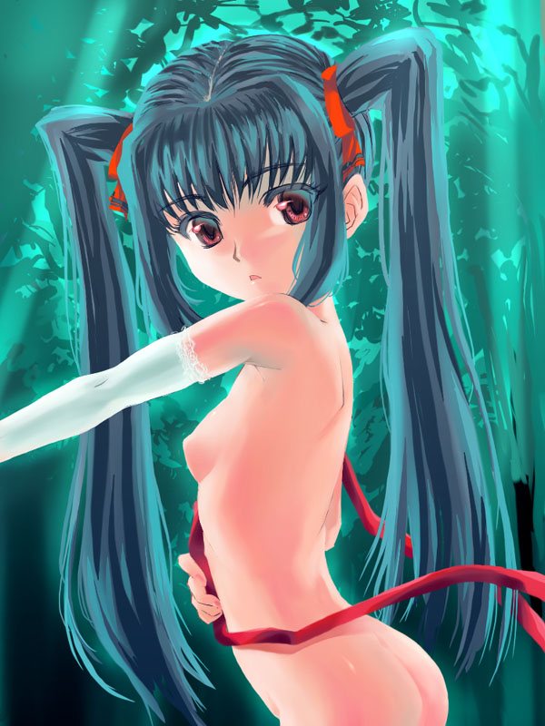 oyamada musshu, sayori (neko works), kooh (pangya), pangya, 1girl, ass, blue hair, breasts, elbow gloves, female focus, flat ass, flat chest, gloves, nipples, nude, red eyes, ribbon, small breasts, solo, twintails