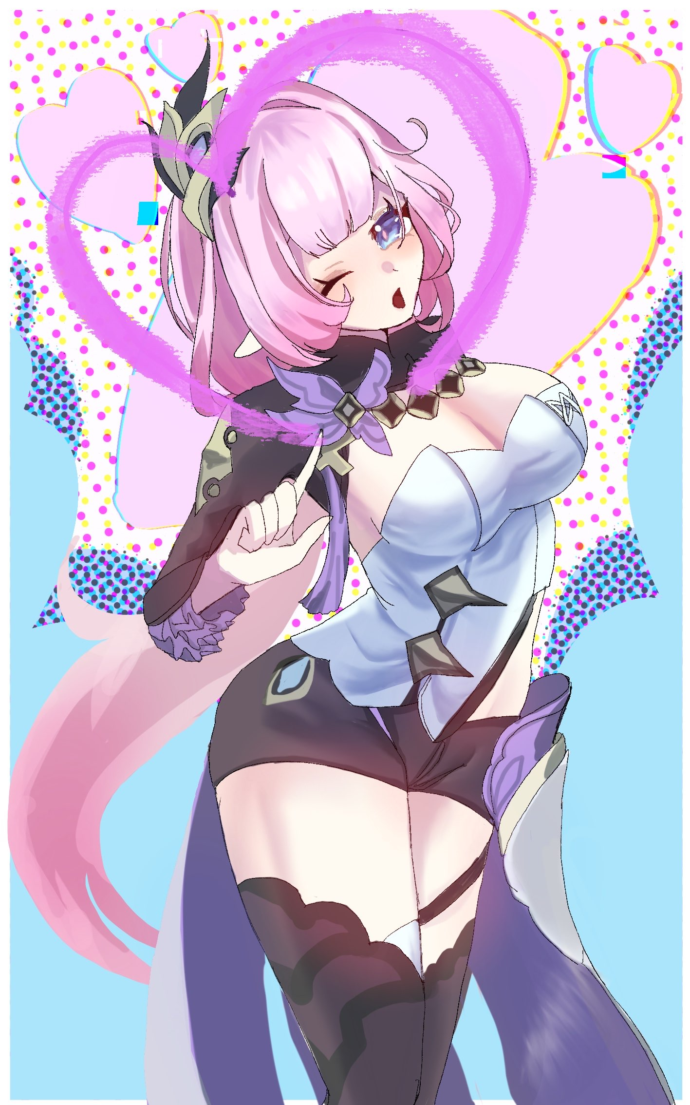 gettou0 0, elysia (honkai impact), elysia (miss pink elf) (honkai impact), honkai (series), honkai impact 3rd, commentary request, highres, 1girl, ;o, black boots, black shorts, blue eyes, boots, breasts, cleavage, corset, elf, hair ornament, large breasts, long hair, looking at viewer, one eye closed, pink hair, pointy ears, short shorts, shorts, shrug (clothing), solo, thighs, very long hair, white corset