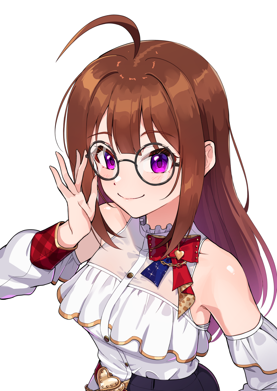kamille (vcx68), yokoyama nao, idolmaster, idolmaster million live!, idolmaster million live! theater days, highres, 1girl, adjusting eyewear, ahoge, bare shoulders, bespectacled, black-framed eyewear, bow, brown hair, collar, collarbone, detached sleeves, eyelashes, frilled collar, frilled shirt, frilled sleeves, frills, glasses, hair down, hair intakes, heart ornament, long hair, looking at viewer, multicolored bow, official alternate costume, official alternate hairstyle, plaid clothes, plaid wrist cuffs, purple eyes, red bow, round eyewear, shirt, sidelocks, sleeveless, sleeveless shirt, smile, solo, upper body, white background, white shirt, wrist cuffs