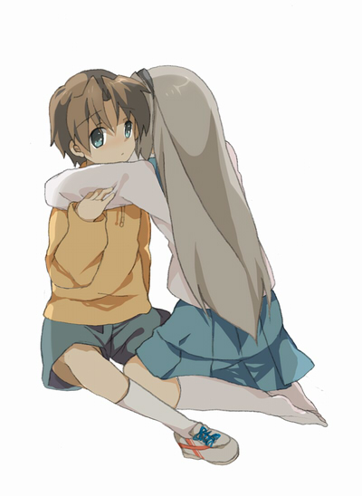 hizu, noise (hakusen), sakagami takafumi, sakagami tomoyo, clannad, silver hair, 00s, 1boy, 1girl, blue skirt, blush, full body, green eyes, hetero, hug, kneehighs, looking at viewer, pleated skirt, shoes, simple background, skirt, sneakers, socks, sweater, white background, white socks