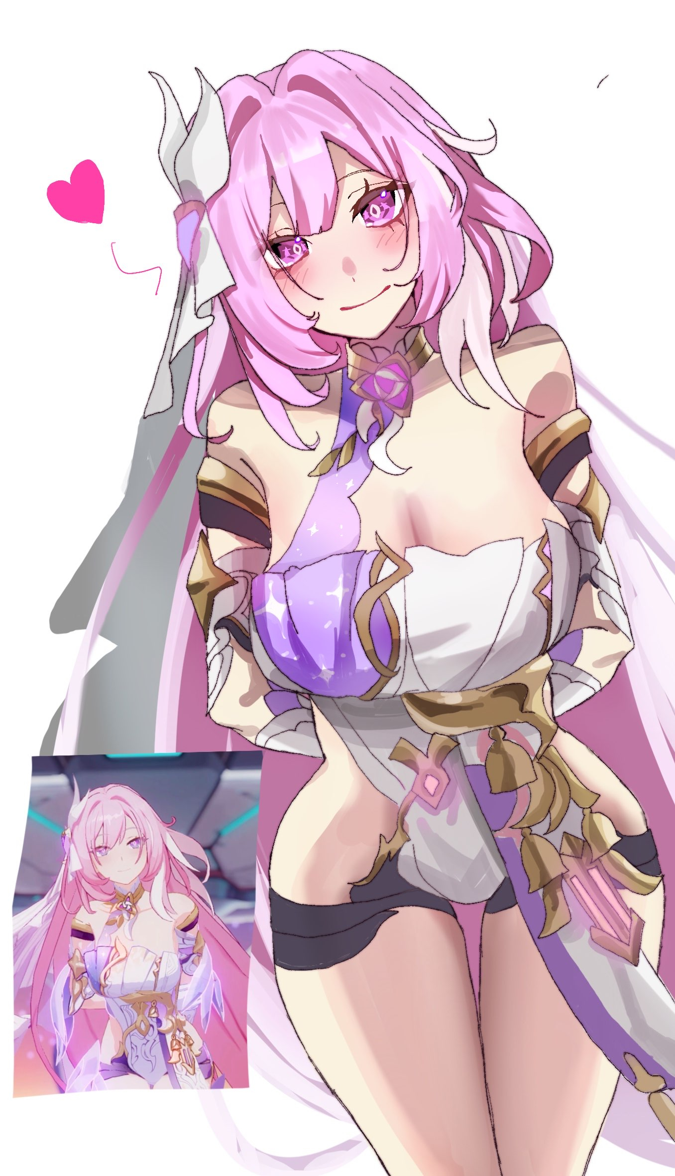 gettou0 0, elysia (herrscher of human: ego) (honkai impact), elysia (honkai impact), honkai (series), honkai impact 3rd, commentary request, highres, 1girl, arms behind back, bare shoulders, black shorts, breasts, cleavage, corset, diamond-shaped pupils, diamond (shape), heart, large breasts, long hair, looking at viewer, micro shorts, pink hair, purple eyes, reference inset, shorts, simple background, smile, solo, symbol-shaped pupils, thighs, triquetra, veil, very long hair, white background, white corset, white veil