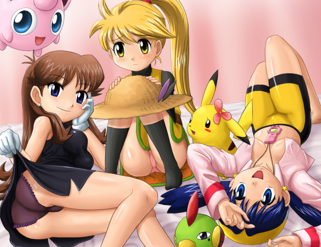 pokemoa, chuchu (pokemon), green (pokemon), jigglypuff, kris (pokemon), natu, pikachu, yellow (pokemon), nintendo, pokemon, pokemon adventures, pokemon gsc, pokemon rgby, 1990s (style), 3girls, :d, :o, ass, bed, bent over, bike shorts, black dress, black panties, blonde hair, blue eyes, blue hair, blush, breasts, brown hair, cameltoe, clothes lift, covered erect nipples, dress, dress lift, earrings, flower, gen 1 pokemon, gen 2 pokemon, gloves, hat, hiding, jewelry, lying, medium breasts, multiple girls, no bra, on back, open clothes, open mouth, open shirt, panties, pantyshot, pink panties, pokegear, pokemon (creature), retro artstyle, see-through clothes, shirt, sitting, smile, star (symbol), straw hat, tabard, underwear, unworn hat, unworn headwear, yellow eyes