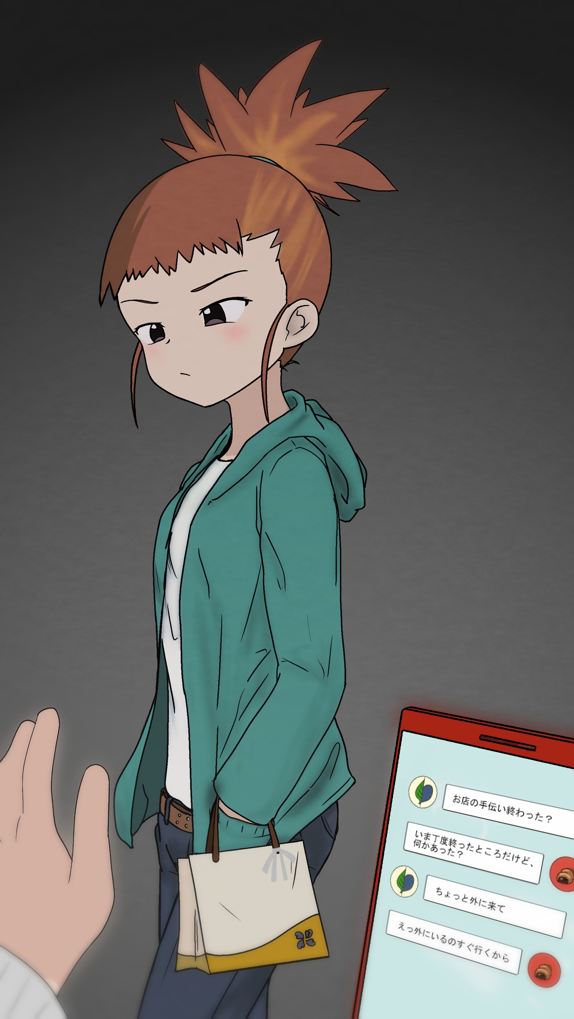 makino ruki, digimon, digimon tamers, translation request, belt, blush, brown hair, hair ornament, hairpin, long hair, pixiv user (5493875), ponytail, purple eyes