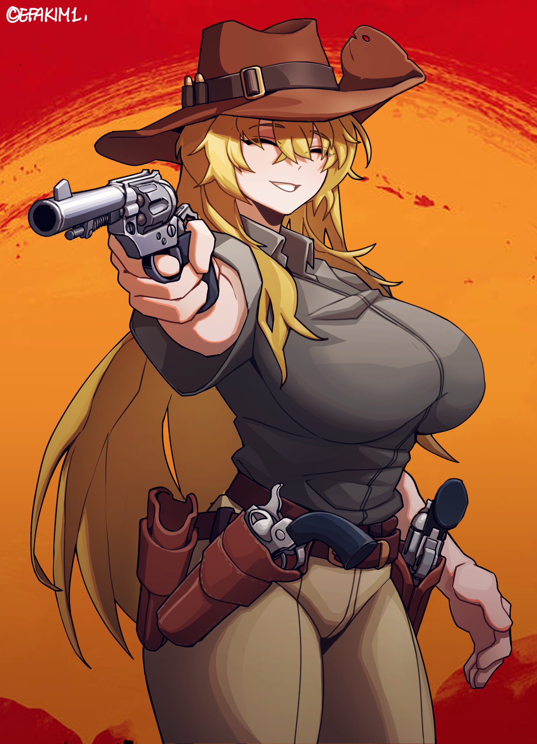 epakim, original, absurdres, commentary, commission, english commentary, highres, 1girl, aiming, aiming at viewer, artist name, blonde hair, breasts, brown hat, brown pants, closed eyes, collared shirt, cowboy hat, cowboy shot, cowboy western, finger on trigger, grey shirt, gun, handgun, hat, holding, holding gun, holding weapon, holster, holstered, large breasts, long hair, open mouth, orange background, pants, red background, revolver, shirt, smile, solo, twitter username, two-tone background, weapon, white mouth