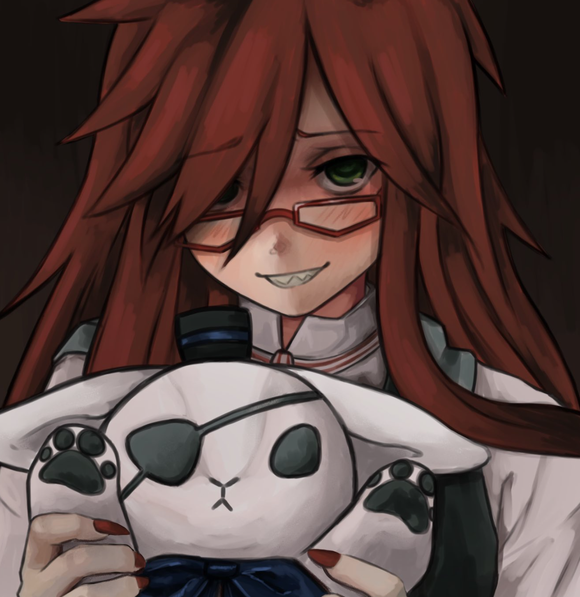 zoolpal, grell sutcliff, kuroshitsuji, highres, 1boy, black bow, black bowtie, bow, bowtie, eyewear strap, glasses, green eyes, holding, holding stuffed toy, looking at viewer, red-framed eyewear, red hair, red nails, red theme, sharp teeth, stuffed toy, teeth