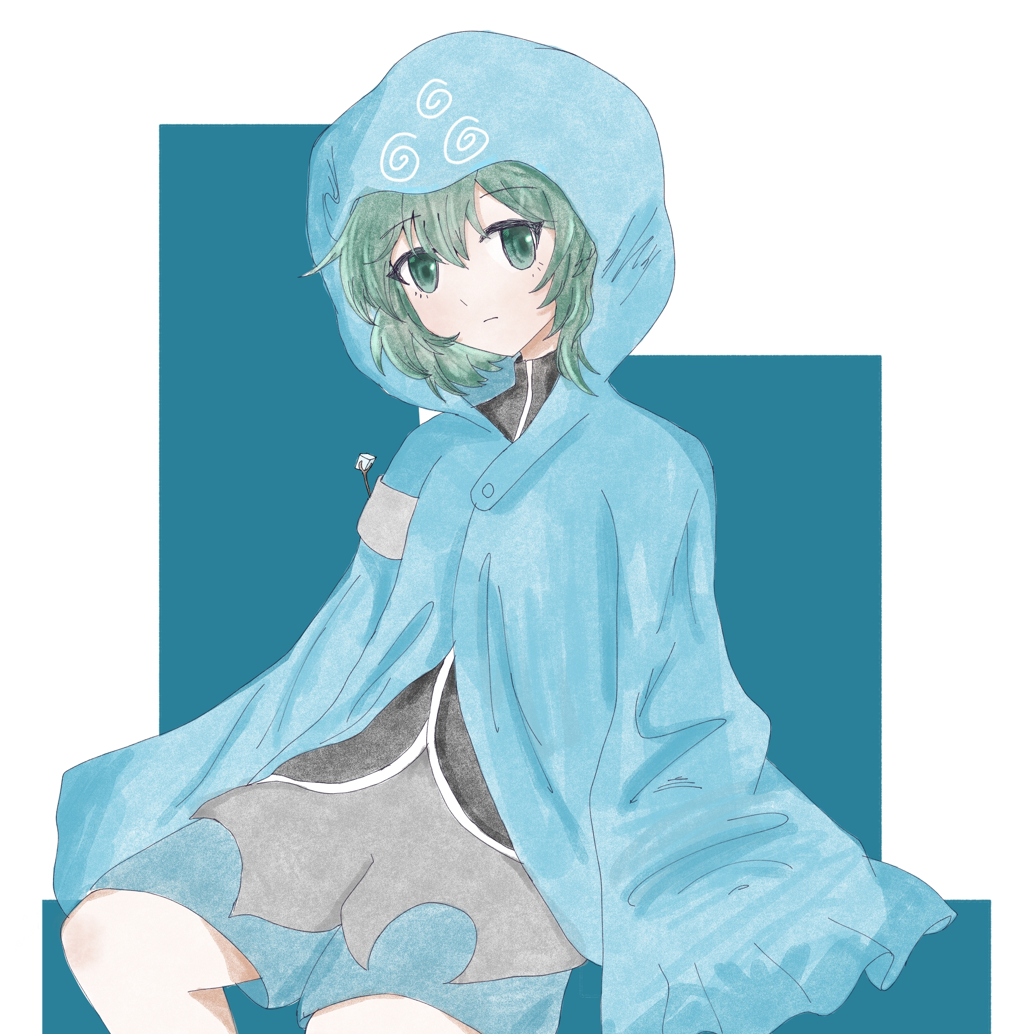 pahelysium, shitodo aoji, len'en, highres, 1other, armband, black shirt, blue background, blue jacket, blue shorts, closed mouth, cowboy shot, dot nose, expressionless, eyelashes, frilled sleeves, frills, green eyes, green hair, grey armband, grey shorts, hair between eyes, hood, hood up, hooded jacket, jacket, light blush, light frown, long sleeves, looking at viewer, shirt, short hair, shorts, sitting, sleeves past fingers, sleeves past wrists, solo, turtleneck, turtleneck shirt, two-tone background, two-tone shorts, white background, wide sleeves, zipper