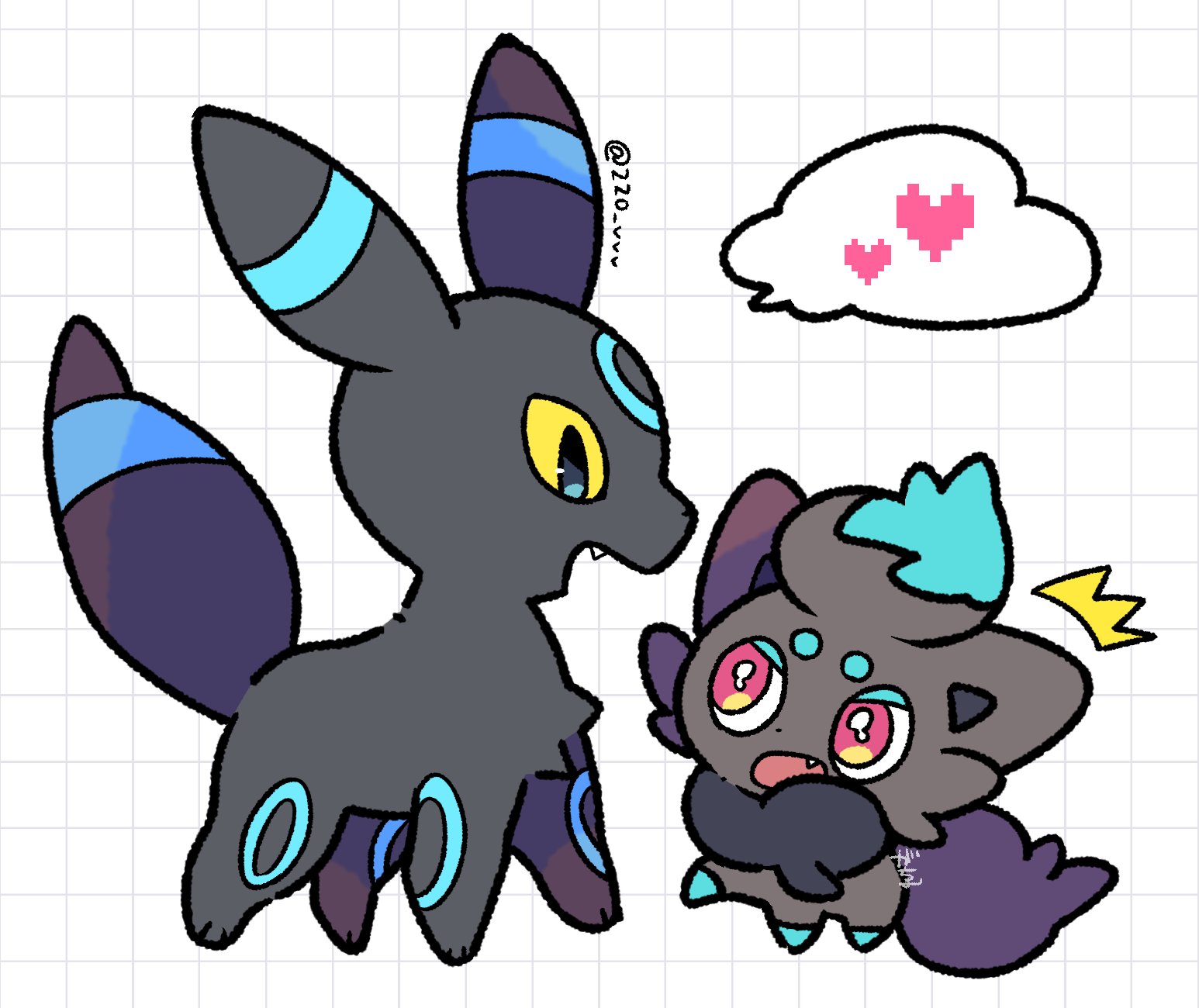 gacho (220 vvv), umbreon, zorua, nintendo, pokemon, commentary request, highres, alternate color, animal focus, blue eyes, fang, full body, gen 2 pokemon, gen 5 pokemon, heart, no humans, open mouth, pokemon (creature), pokemon focus, red eyes, shiny pokemon, smile, twitter username