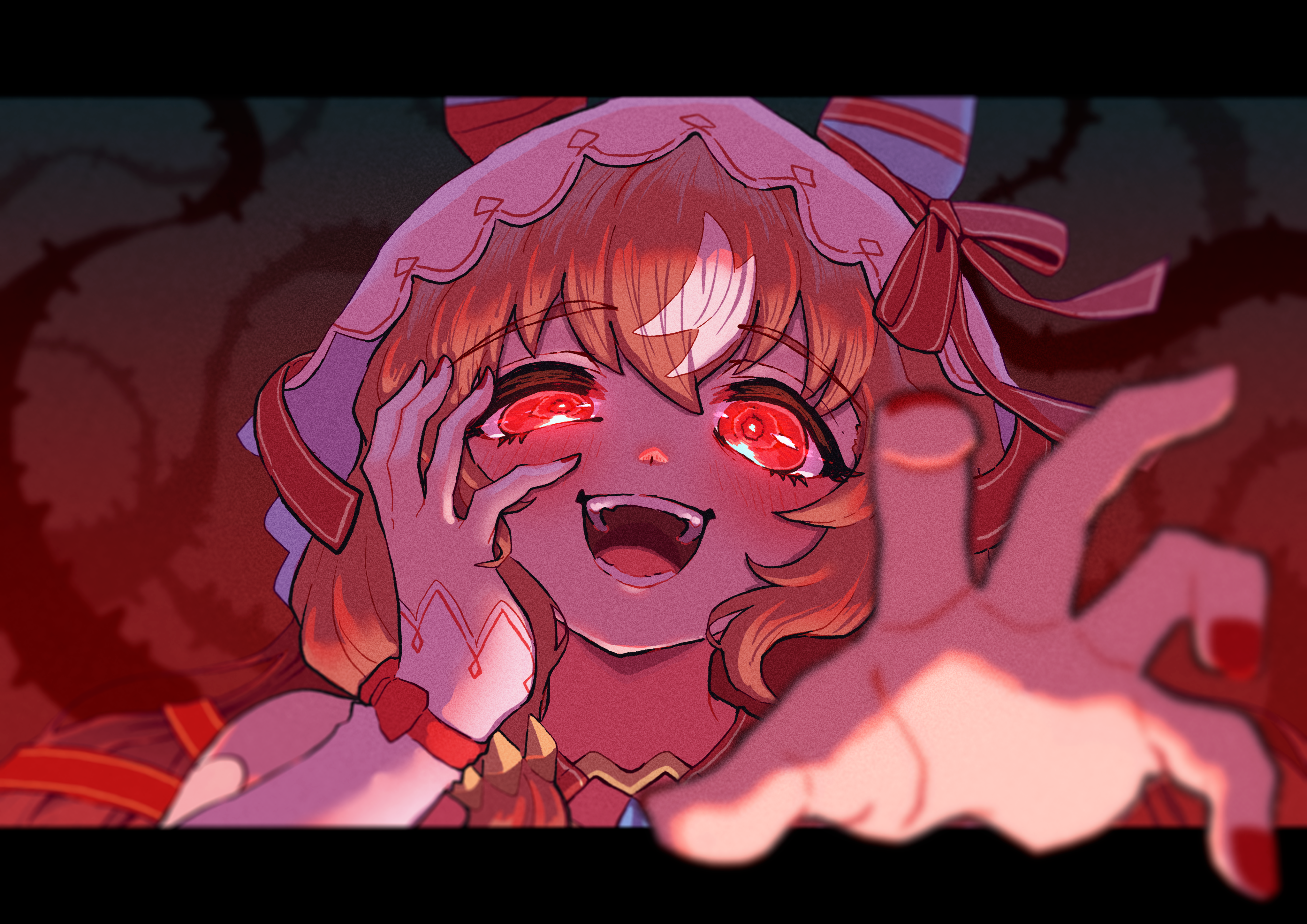 nenbutsu 0416, still in love (umamusume), umamusume, absurdres, highres, 1girl, animal ears, brown hair, ear covers, hand on own cheek, hand on own face, horse ears, horse girl, looking at viewer, open mouth, reaching, reaching towards viewer, red eyes, red nails, solo, veil, white veil, yandere, yandere trance