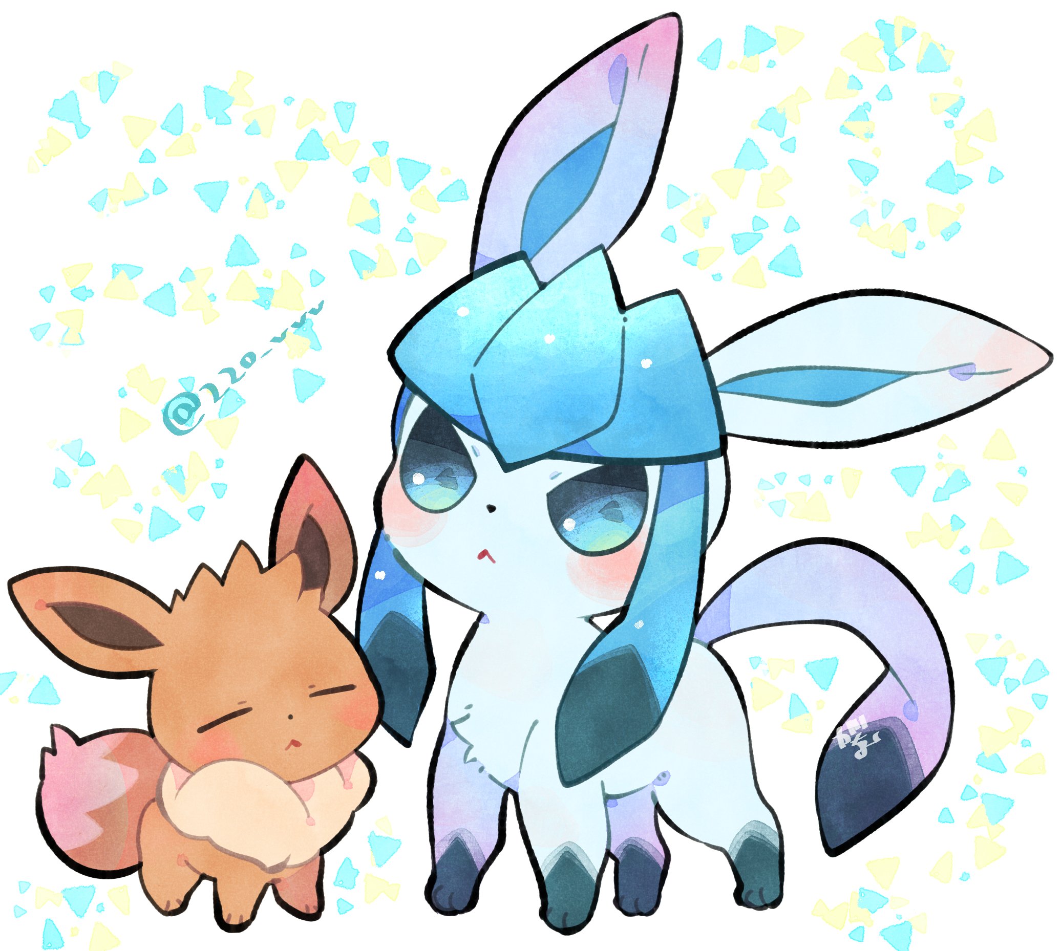 gacho (220 vvv), eevee, glaceon, nintendo, pokemon, commentary, highres, symbol-only commentary, animal focus, blue eyes, blush, closed eyes, closed mouth, gen 1 pokemon, gen 4 pokemon, no humans, pokemon (creature), pokemon focus, standing, twitter username