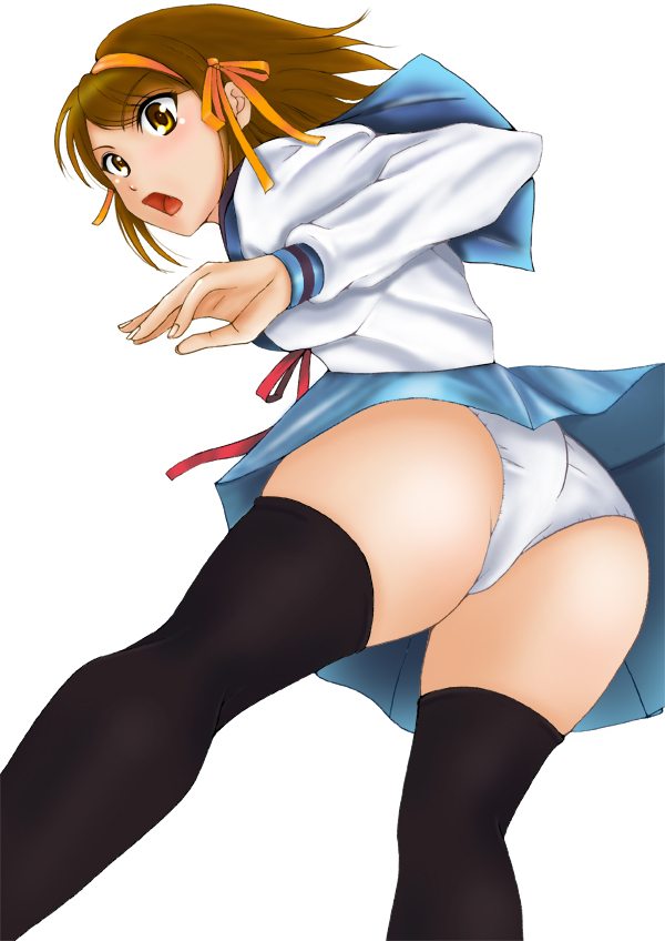 kishida-shiki, suzumiya haruhi, suzumiya haruhi no yuuutsu, 00s, 1girl, ass, female focus, open mouth, panties, pantyshot, ribbon, school uniform, serafuku, skirt, solo, surprised, thighhighs, underwear, white panties, yellow eyes, zettai ryouiki