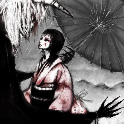 ron (mosamosa), lowres, 1boy, 1girl, black hair, japanese clothes, monster, oil-paper umbrella, rain, umbrella