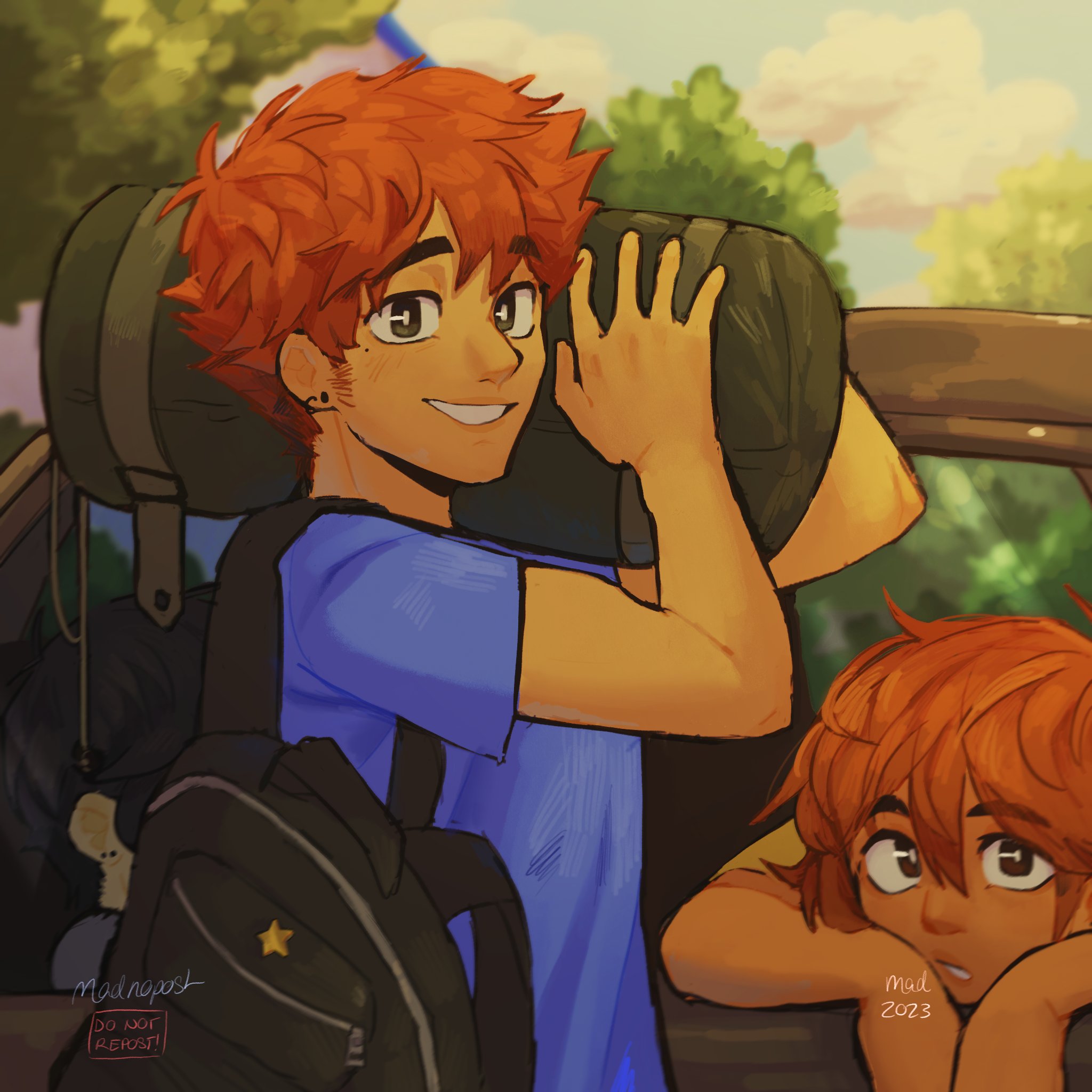 madnopost, hero (faraway) (omori), hero (omori), kel (faraway) (omori), kel (omori), omori, highres, 2023, 2boys, alternate costume, artist name, backpack, bag, blue shirt, blue sky, blurry, blurry background, brothers, brown eyes, brown hair, car, dark-skinned male, dark skin, day, ear piercing, looking at viewer, male focus, mole, mole under eye, motor vehicle, multiple boys, open mouth, outdoors, parted lips, piercing, shirt, short sleeves, siblings, sky, smile, t-shirt, tree