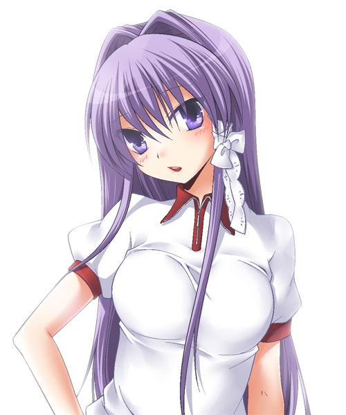 jyuru, fujibayashi kyou, clannad, light purple hair, 00s, 1girl, :o, blue eyes, blush, breasts, female focus, gym uniform, hair intakes, hair ribbon, large breasts, long hair, looking at viewer, open mouth, puffy short sleeves, puffy sleeves, ribbon, shirt, short sleeves, skin tight, solo, sportswear, very long hair, white shirt