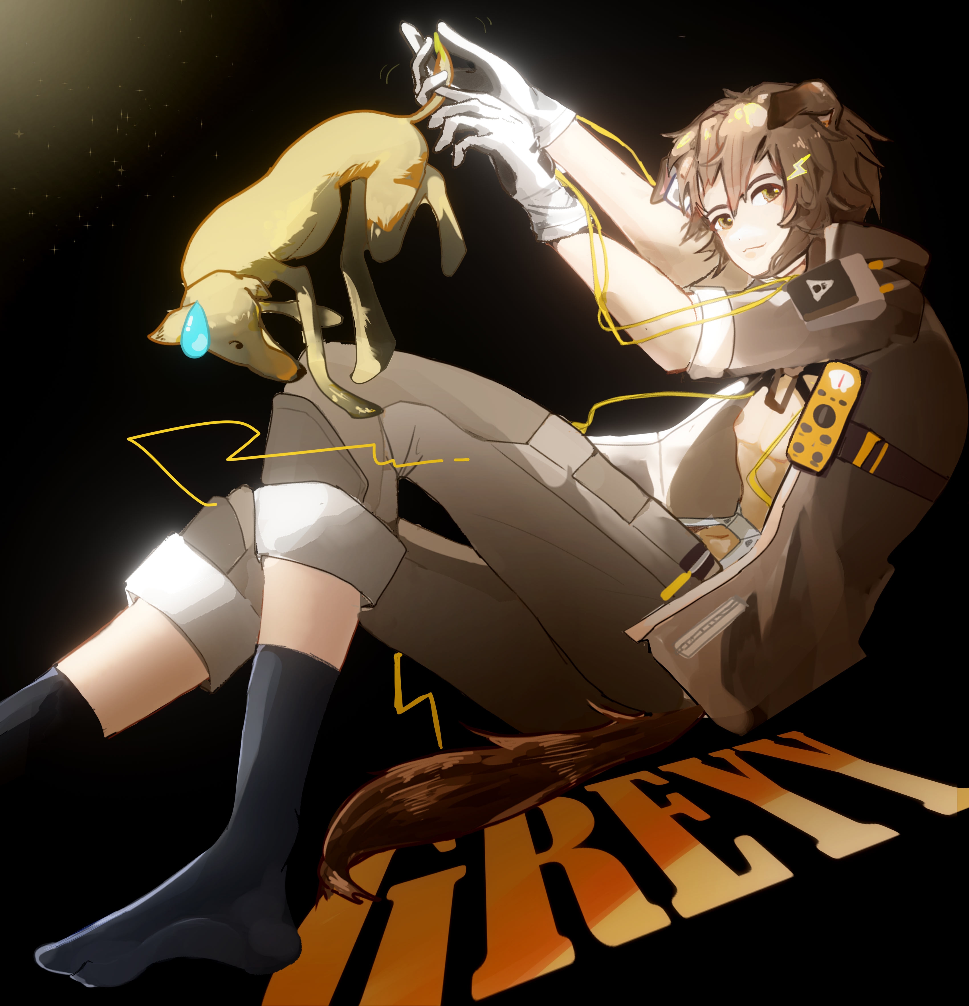 greyy (arknights), greyy the lightningbearer (arknights), arknights, absurdres, highres, 1boy, animal ears, black socks, brown hair, brown jacket, brown pants, character name, collar, collared coat, dog, dog boy, dog ears, gloves, jacket, lightning, male focus, no shoes, pants, short-sleeved coat, short hair, short sleeves, socks, sweatdrop, white gloves, yellow eyes