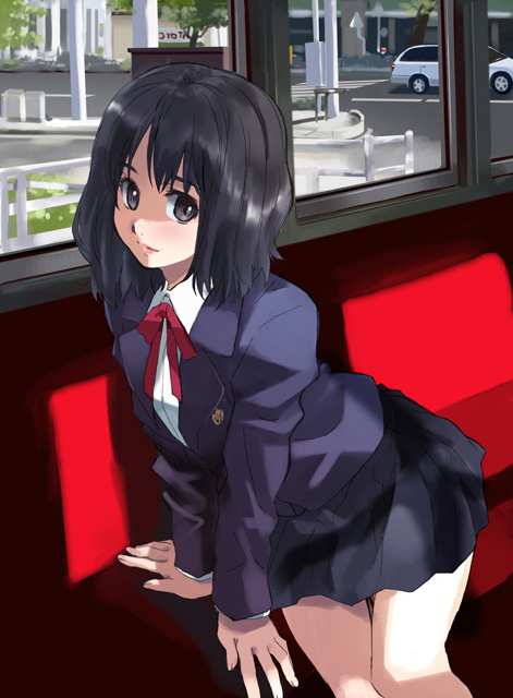 matsumoto noriyuki, original, jpeg artifacts, 1girl, black eyes, black hair, blazer, female focus, jacket, leaning forward, lips, pleated skirt, school uniform, serafuku, sitting, skirt, solo, train, train interior