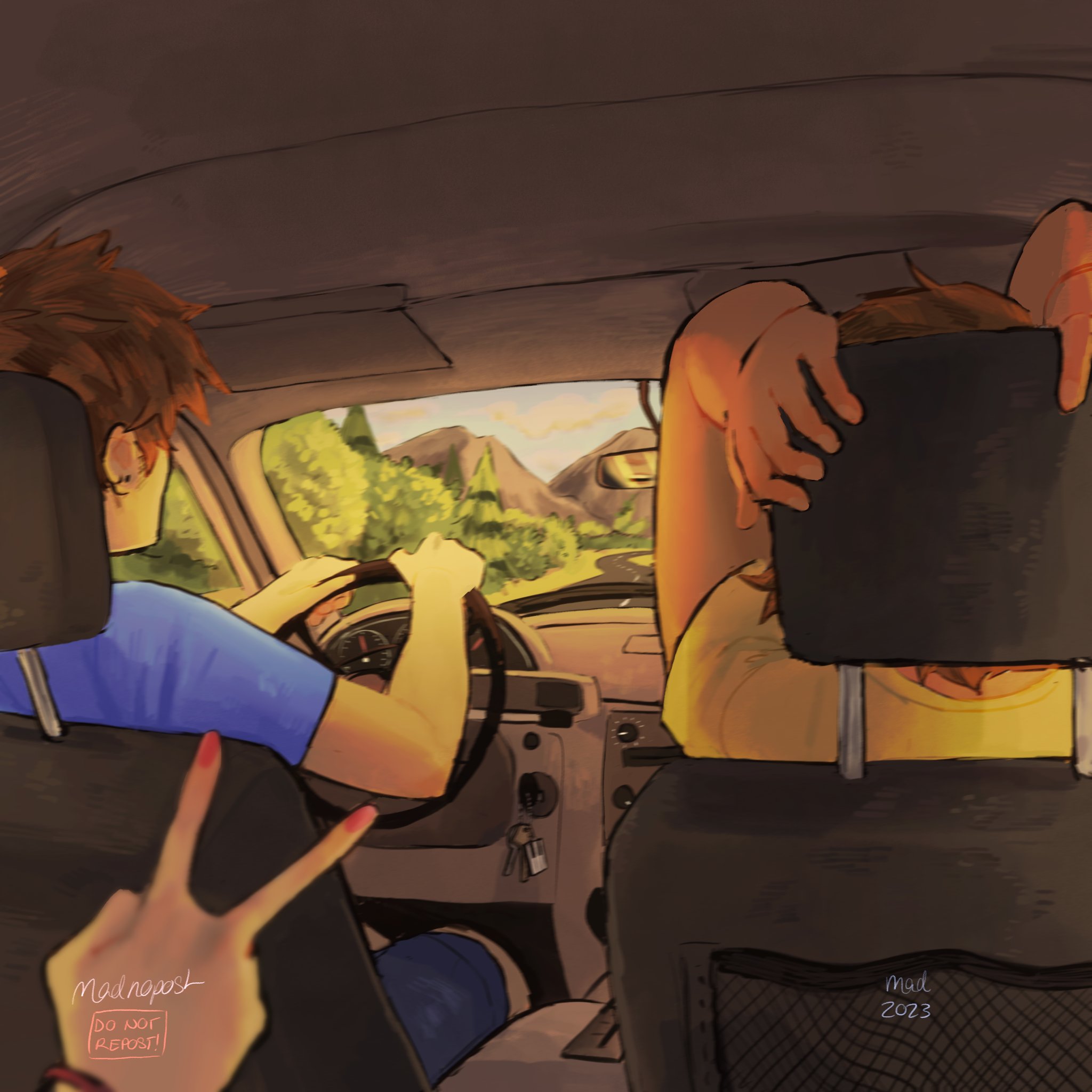 madnopost, aubrey (faraway) (omori), aubrey (omori), hero (faraway) (omori), hero (omori), kel (faraway) (omori), kel (omori), omori, highres, 1girl, 2023, 2boys, alternate costume, arms behind head, arms up, artist name, blue shirt, blurry, blurry foreground, brothers, brown hair, car interior, car keys, car seat, dark-skinned male, dark skin, day, ear piercing, multiple boys, piercing, pink nails, rear-view mirror, road, shirt, short hair, short sleeves, siblings, steering wheel, t-shirt, tree, v, yellow shirt