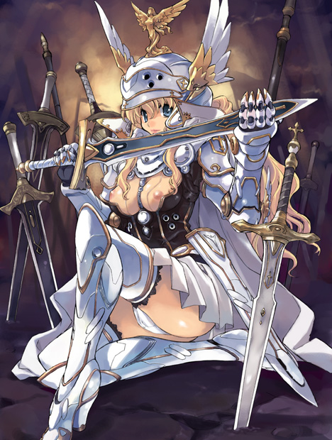 matsumoto noriyuki, original, 1girl, armor, armored dress, breasts, cleavage, dress, female focus, greaves, head wings, holding, holding sword, holding weapon, large breasts, nipples, panties, pantyshot, solo, sword, thighhighs, underwear, valkyrie, weapon, wings