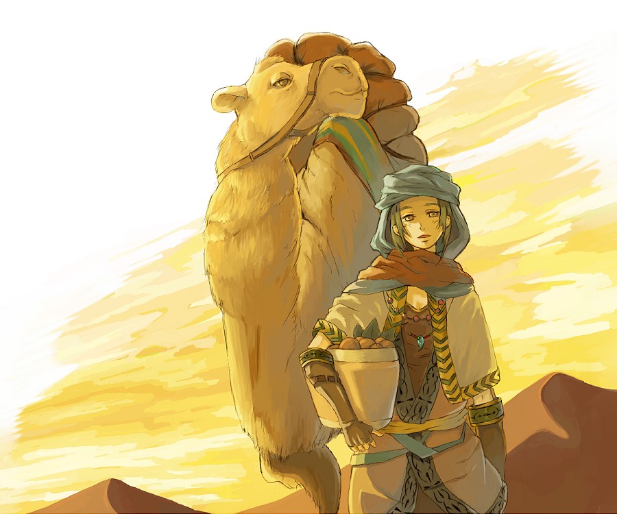 mosamosa, ron (mosamosa), original, 1girl, arm at side, basket, camel, capelet, carrying, desert, female focus, fingerless gloves, food, fruit, gloves, green hair, grey eyes, hat, hill, jewelry, looking at viewer, magatama, necklace, parted lips, sash, scarf, sky, solo, turban, yellow sky
