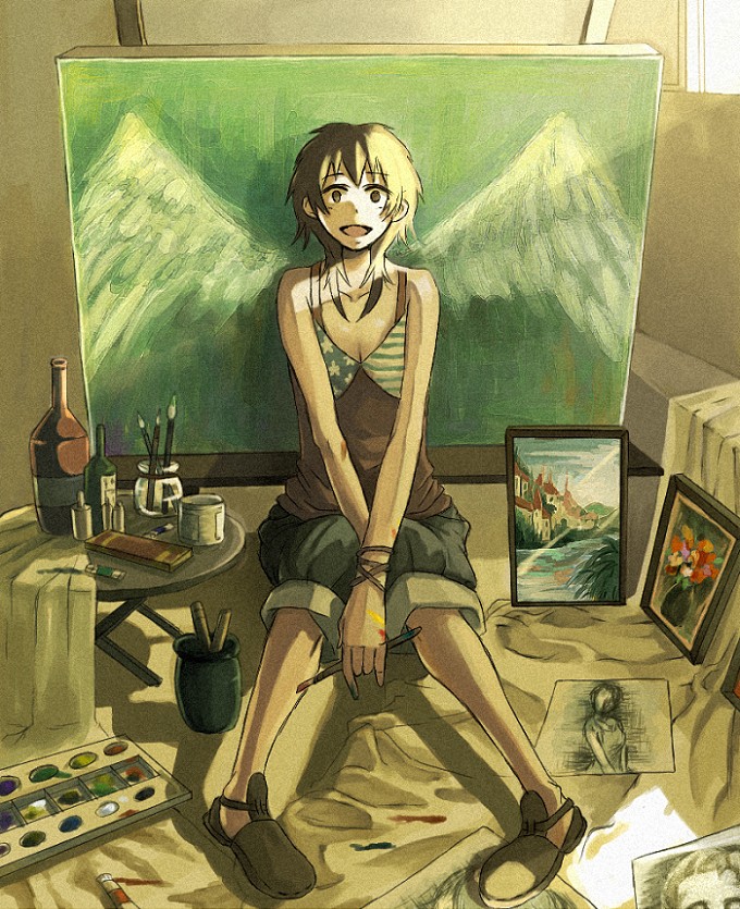 mosamosa, ron (mosamosa), brush, 1girl, brown hair, canvas (object), dirty, female focus, looking at viewer, paint palette, painting (action), short hair, shorts, sitting, smile, solo, wings