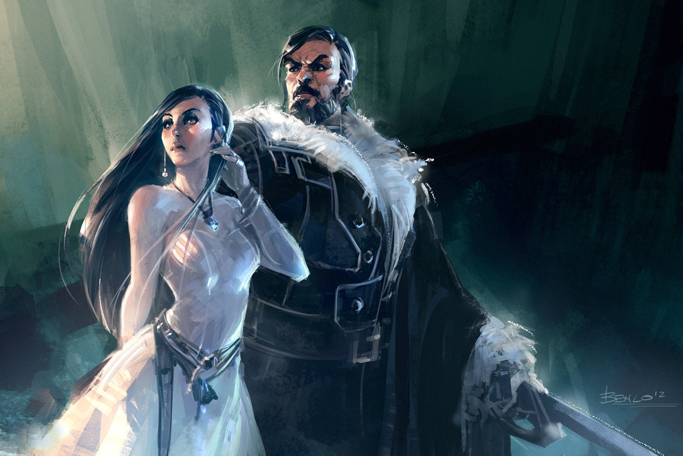 ben lo, character request, copyright request, 1boy, 1girl, arm behind back, averting eyes, beard, belt, black eyes, black hair, cowboy shot, dress, earrings, facial hair, fur-trimmed sleeves, fur collar, fur trim, hair flowing over, hair slicked back, holding, holding sword, holding weapon, jewelry, long hair, narrowed eyes, necklace, painterly, playing with own hair, serious, short hair, sidelocks, single earring, sleeveless, sleeveless dress, standing, sword, very long hair, weapon, white dress