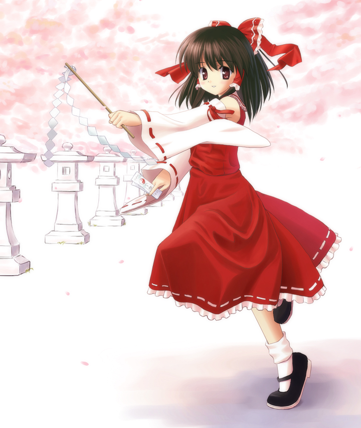 orino yushi, hakurei reimu, mary (ib), touhou, 1girl, black hair, bobby socks, bow, brown eyes, detached sleeves, dress, female focus, full body, gohei, hair bow, long sleeves, looking at viewer, mary janes, red bow, red dress, ribbon-trimmed sleeves, ribbon trim, shoes, socks, solo, standing, stone lantern, white socks