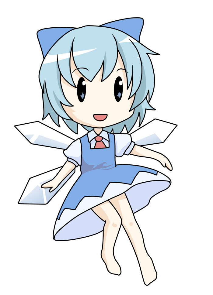 kusaba, kusaba (kusabashiki), cirno, embodiment of scarlet devil, touhou, 1girl, barefoot, bow, chibi, feet, female focus, simple background, smile, solo