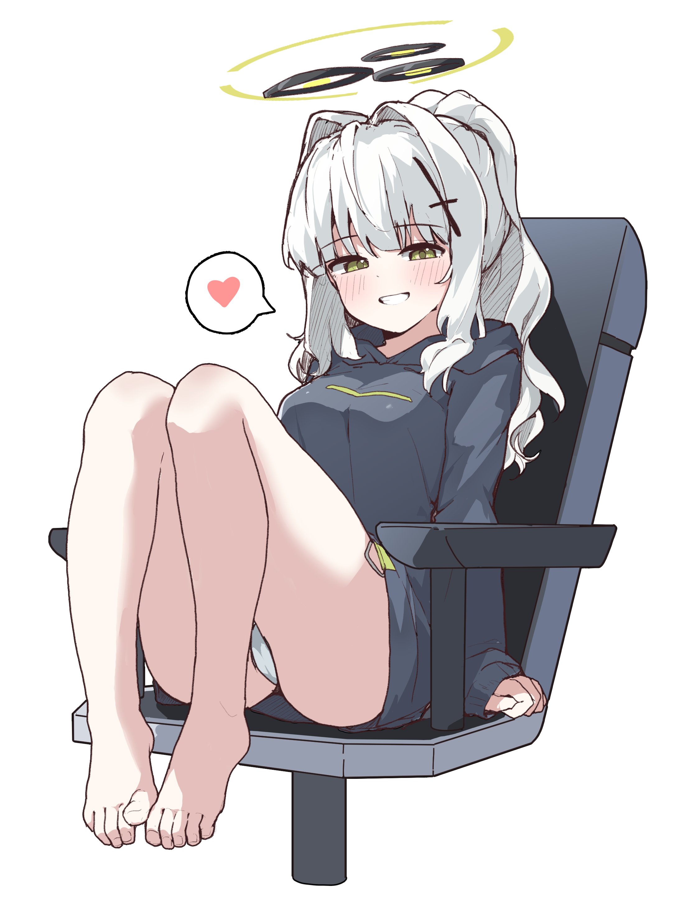 mureniii, hare (blue archive), blue archive, absurdres, highres, 1girl, barefoot, black hoodie, chair, feet, full body, green eyes, green halo, grin, hair intakes, halo, heart, hood, hood down, hoodie, knees up, long hair, looking at viewer, on chair, panties, simple background, sitting, sleeves past wrists, smile, solo, spoken heart, underwear, white background, white hair, white panties