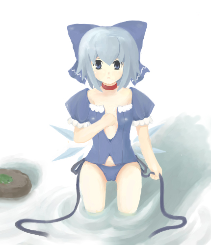 lilac (artist), lilac (p-f easy), rairakku, cirno, touhou, lowres, 1girl, bow, female focus, solo, water