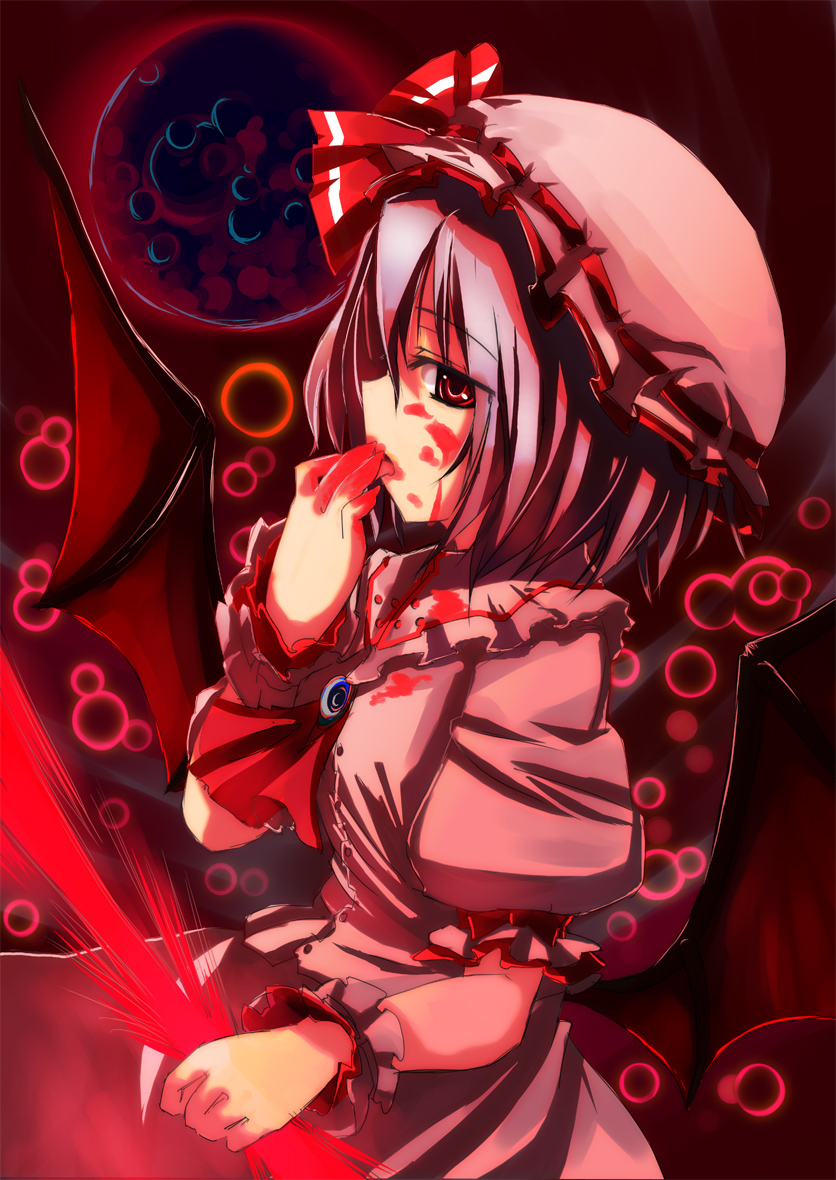 gotyou, remilia scarlet, touhou, bad id, bad pixiv id, 1girl, bat wings, blood, female focus, hat, moon, red eyes, red moon, solo, wings