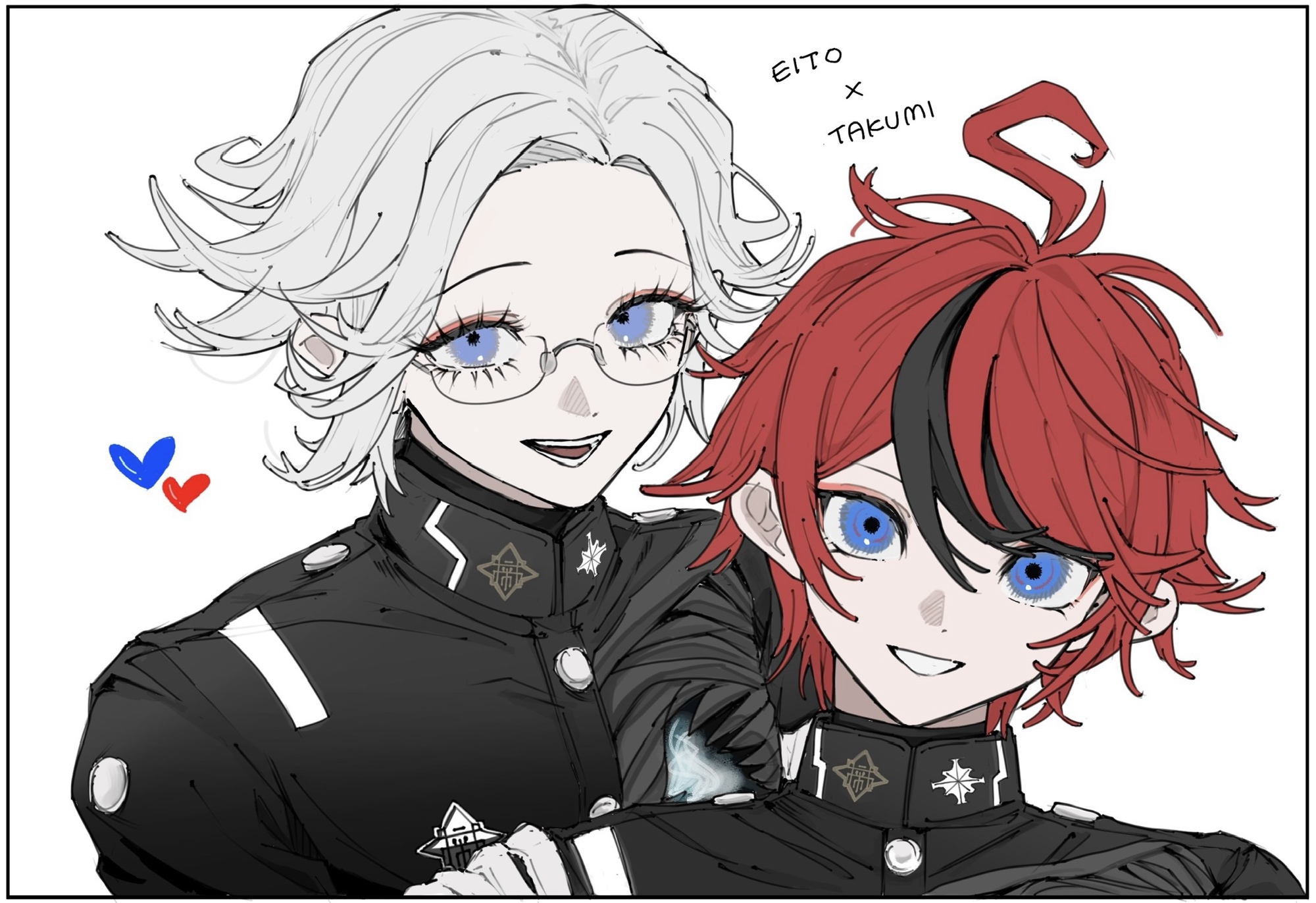 seailand, aotsuki eito, sumino takumi, the hundred line -last defense academy-, commentary request, highres, 2boys, ahoge, black jacket, black streaks, blue eyes, character name, eyeshadow, gakuran, glasses, grey hair, heart, hole in chest, hole on body, inset border, jacket, last defense academy school uniform, looking at viewer, makeup, male focus, multicolored hair, multiple boys, portrait, purple eyes, red eyeshadow, red hair, school uniform, short hair, simple background, smile, streaked hair, white background