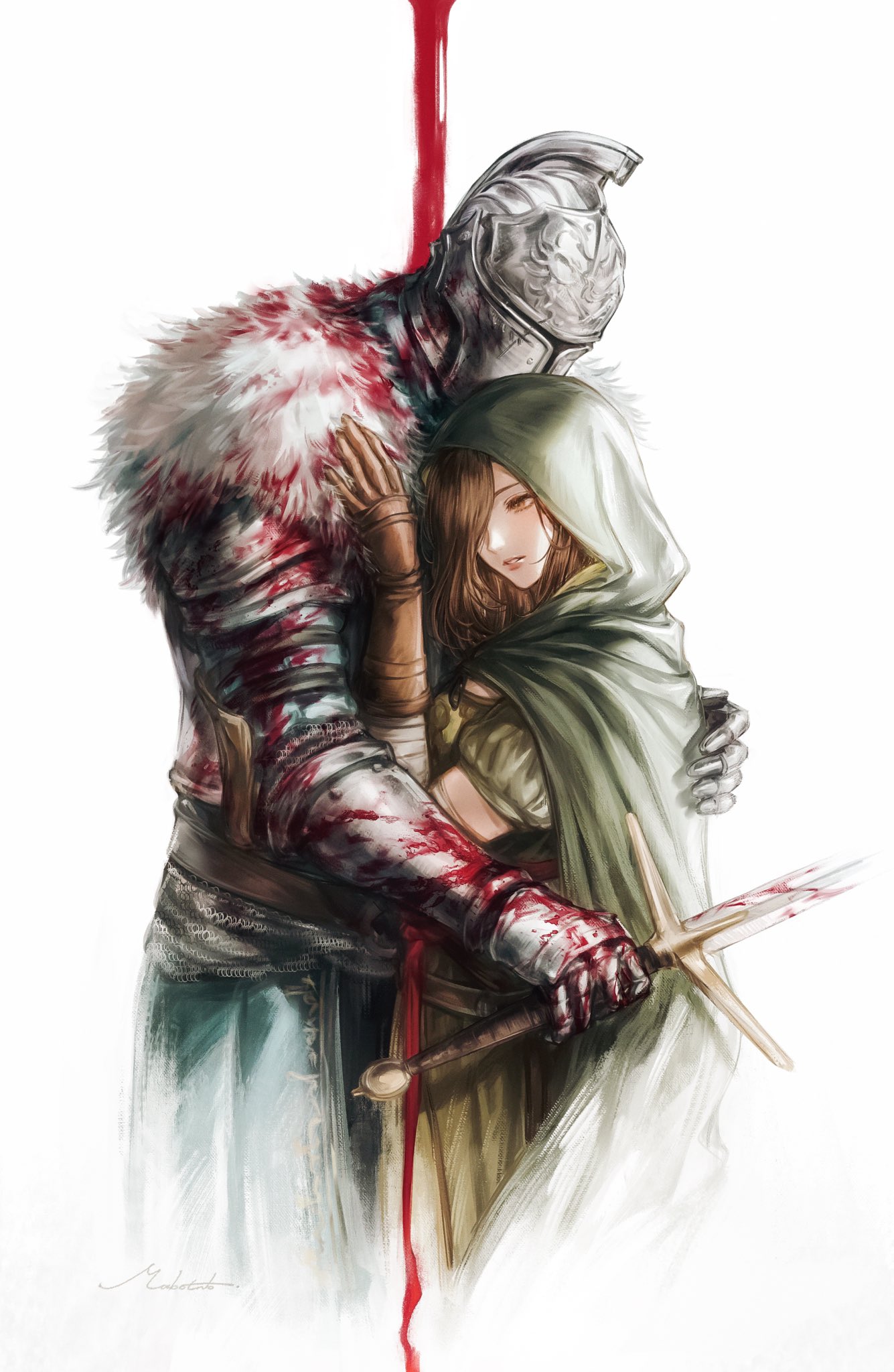 bearer of the curse, emerald herald, dark souls (series), dark souls ii, commentary, english commentary, highres, 1boy, 1girl, armor, blood, brown eyes, brown hair, cloak, couple, covered face, full armor, gauntlets, green cloak, green hood, hair over one eye, helmet, hetero, holding, holding sword, holding weapon, hood, hooded cloak, hug, knight, mabotnb, signature, simple background, sword, weapon, white background