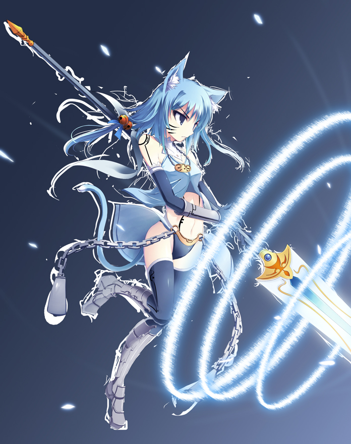 satomi (black scarecrow), graves, original, 1girl, animal ears, armor, bell, blue eyes, blue hair, cat ears, cat tail, chain, elbow gloves, facial mark, female focus, gloves, greaves, hair bell, hair ornament, jewelry, jingle bell, magic, matching hair/eyes, midriff, necklace, polearm, solo, tail, thighhighs, weapon, whisker markings