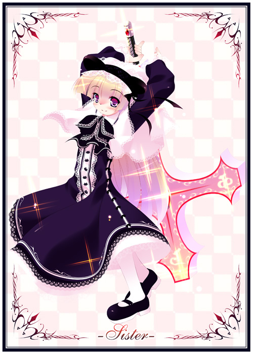 inuneko, original, bad id, bad pixiv id, 1girl, blonde hair, cross, dress, female focus, hat, long hair, mary janes, pantyhose, red eyes, shoes, smile, solo, very long hair