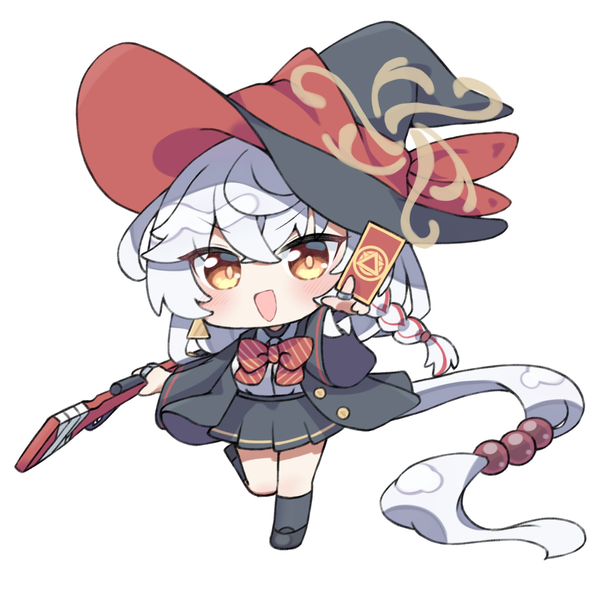 yuuhikureroom6, eri (blue archive), blue archive, bow, bowtie, braid, card, chibi, earrings, gun, halo, hat, holding, holding card, holding gun, holding weapon, jacket, jewelry, long coat, long hair, on one leg, orange eyes, rifle, ring, shirt, skirt, sweater, weapon, white hair, witch hat