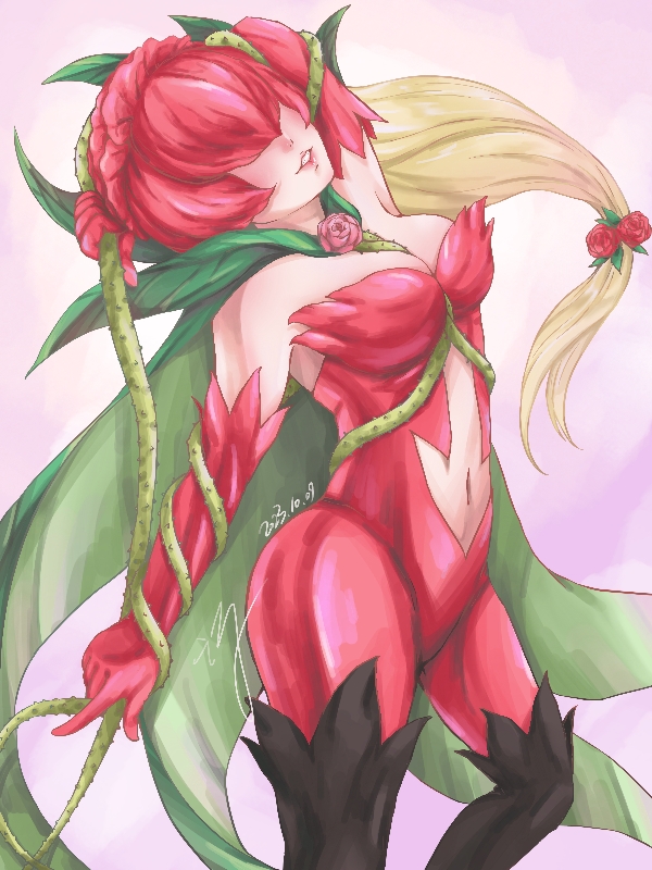 sisize, rosemon, digimon, blonde hair, digimon (creature), flower, long hair, mask, petals