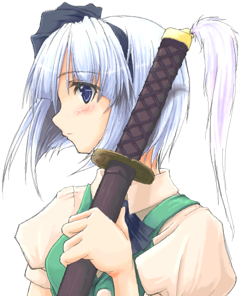 gizensha, konpaku youmu, touhou, silver hair, 1girl, blue eyes, blush, female focus, hair ribbon, hairband, holding, holding sword, holding weapon, katana, puffy short sleeves, puffy sleeves, ribbon, sheath, sheathed, short hair, short sleeves, solo, sword, tassel, upper body, vest, weapon