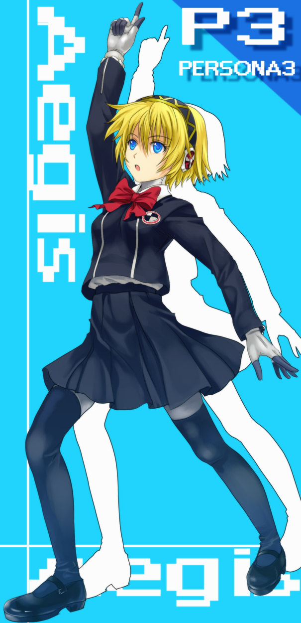 mutsuki (moonknives), aigis (persona), atlus, megami tensei, persona, persona 3, saturday night fever, shin megami tensei, highres, 1girl, android, blonde hair, blue eyes, bow, female focus, ribbon, school uniform, silhouette, solo, thighhighs