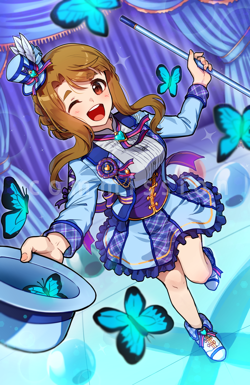 kamille (vcx68), makabe mizuki, miyao miya, idolmaster, idolmaster million live!, idolmaster million live! theater days, commission, highres, 1girl, blue hat, blue jacket, blue skirt, blush, boots, brown eyes, brown hair, bug, butterfly, cane, cosplay, frilled skirt, frills, hat, hat feather, holding, holding cane, holding unworn clothes, holding unworn hat, insect, jacket, legs, long hair, long sleeves, looking at viewer, makabe mizuki (cosplay), mini hat, one eye closed, open clothes, open jacket, open mouth, plaid clothes, plaid skirt, shirt, sidelocks, skirt, smile, solo, sparkle, stage, standing, standing on one leg, teeth, thick eyebrows, top hat, unworn hat, unworn headwear, upper teeth only, watermark, white boots, white shirt
