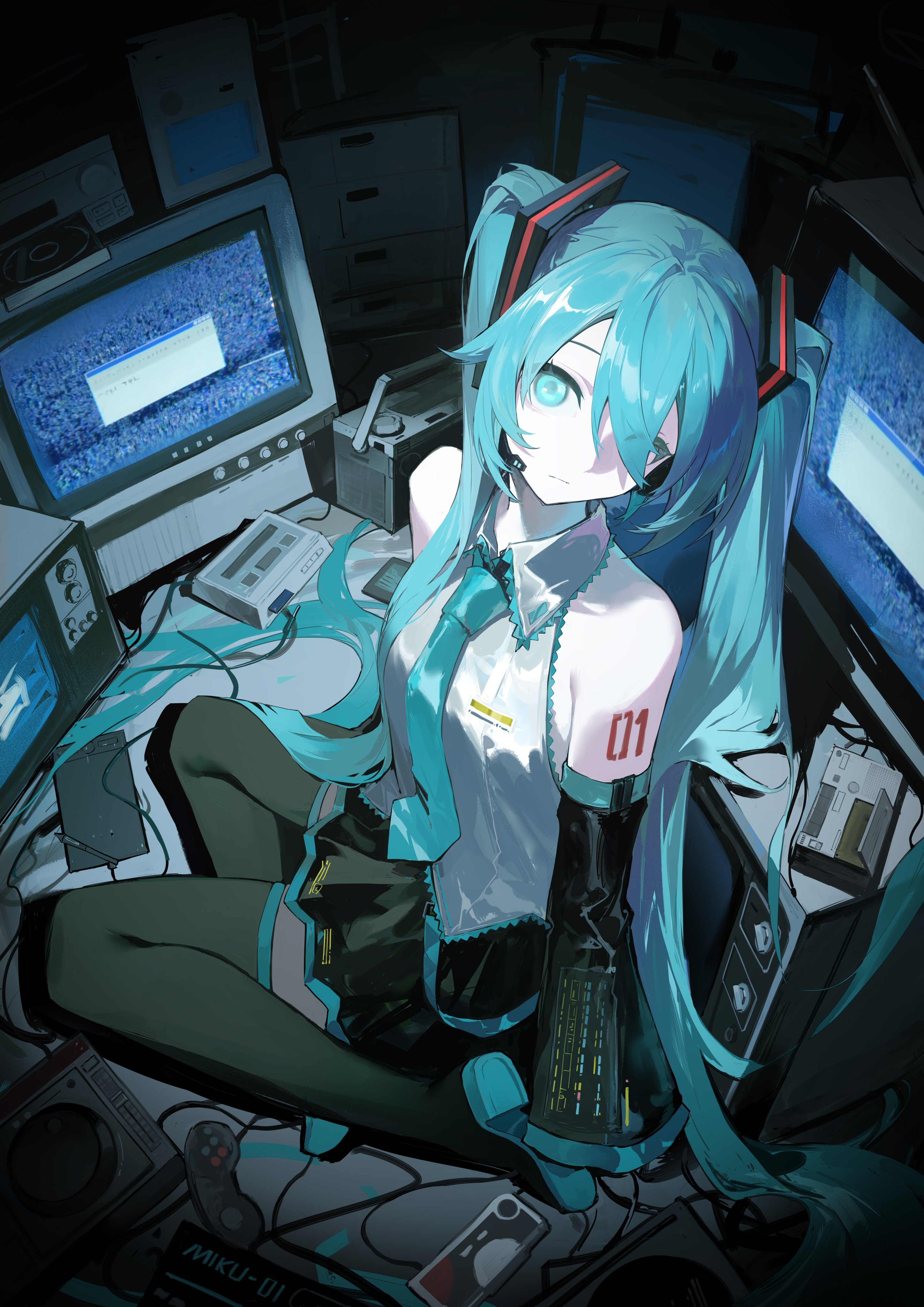 jiu ye sang, hatsune miku, vocaloid, absurdres, highres, 1girl, aqua eyes, aqua hair, aqua necktie, black boots, black skirt, black sleeves, boots, breasts, closed mouth, detached sleeves, grey shirt, hair between eyes, long hair, looking at viewer, monitor, necktie, number tattoo, red tattoo, shirt, sitting, skirt, sleeveless, sleeveless shirt, solo, tattoo, thigh boots, twintails, very long hair