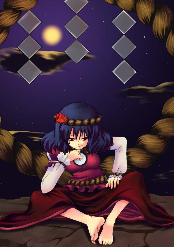 nigo (aozoragarou), yasaka kanako, touhou, 1girl, barefoot, feet, female focus, rope, shimenawa, short hair, smile, solo