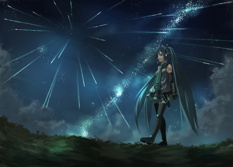 koji, kouji (astral reverie), hatsune miku, vocaloid, 1girl, aqua hair, black boots, black skirt, boots, cloud, cloudy sky, collared shirt, detached sleeves, female focus, from below, glowing, grass, grey shirt, hair ornament, headphones, headset, long hair, microphone, miniskirt, necktie, night, night sky, outdoors, pleated skirt, shirt, shooting star, skirt, sky, solo, star (sky), tattoo, thigh boots, thighhighs, twintails, very long hair, walking