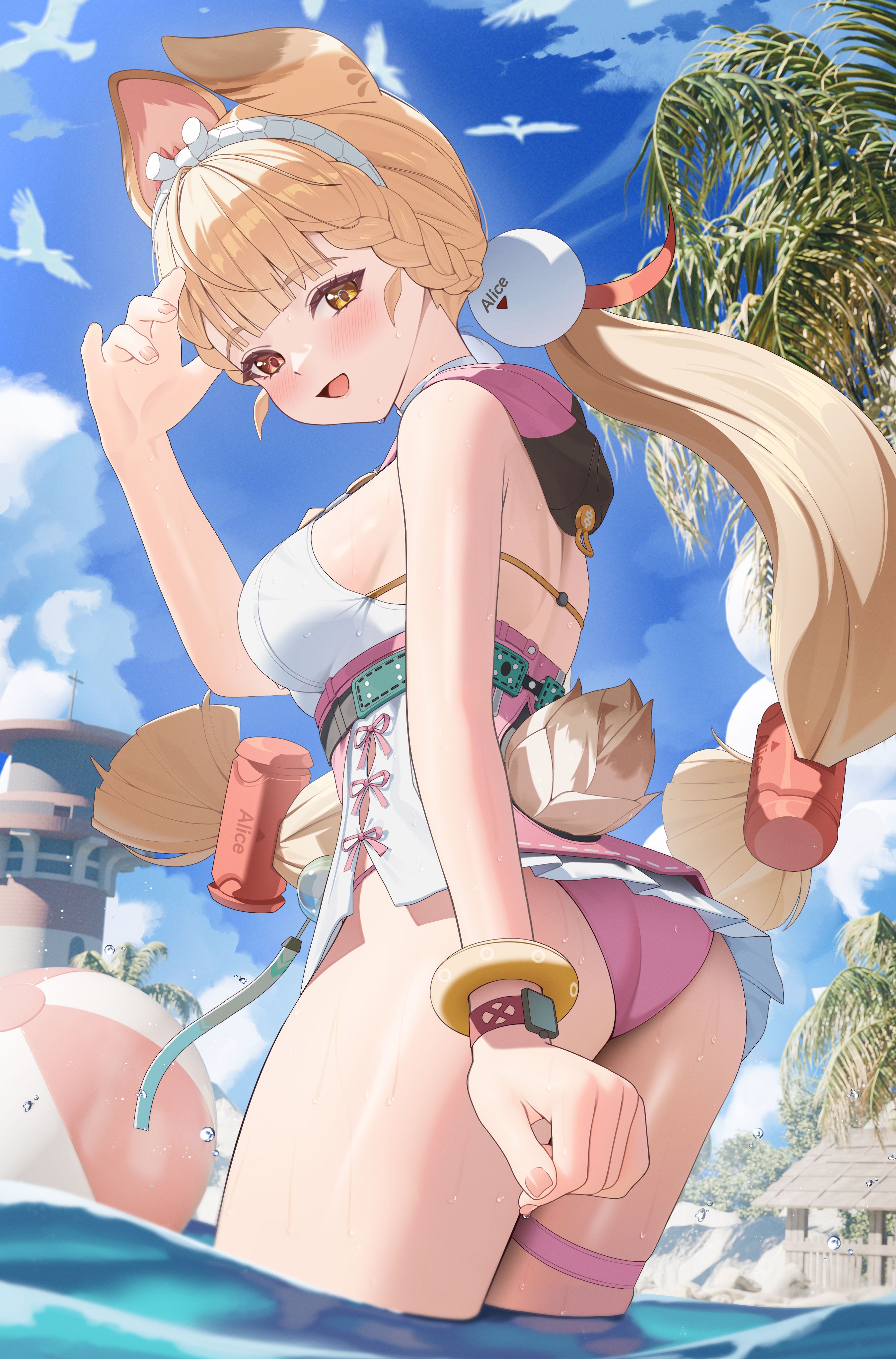 jumonji, alice thymefield, alice thymefield (sea of thyme), zenless zone zero, absurdres, commentary request, highres, paid reward available, partial commentary, 1girl, animal ears, ass, ball, beachball, bikini, bikini bottom only, blonde hair, blue sky, blush, bracelet, braid, breasts, day, dress, fingernails, from side, hair ornament, hairband, hand up, heterochromia, jewelry, lighthouse, long hair, looking at viewer, looking to the side, medium breasts, official alternate costume, open mouth, outdoors, pink bikini, rabbit ears, rabbit girl, rabbit tail, red eyes, short dress, shoulder blades, sky, smile, solo, sphere hair ornament, swimsuit, tail, thigh strap, very long hair, wading, wet, white dress, white hairband, yellow eyes